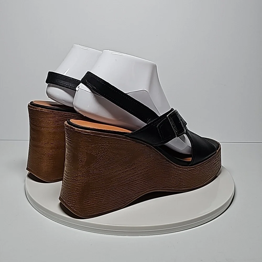 Lucky Brand Delaynee Black Leather Platform Wedge Sandals 8.5 NWOT Boho Resort